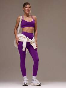 Musera Sport 女士交叉露背上衣和紧身裤运动套装，适合健身房锻炼 - 紫羅蘭色 - 查看 3