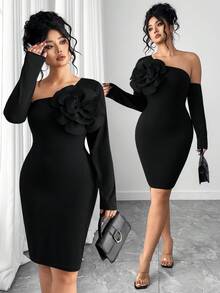 Elenzga 大码女式修身纯色碎花连衣裙 - 黑色 - 查看 1