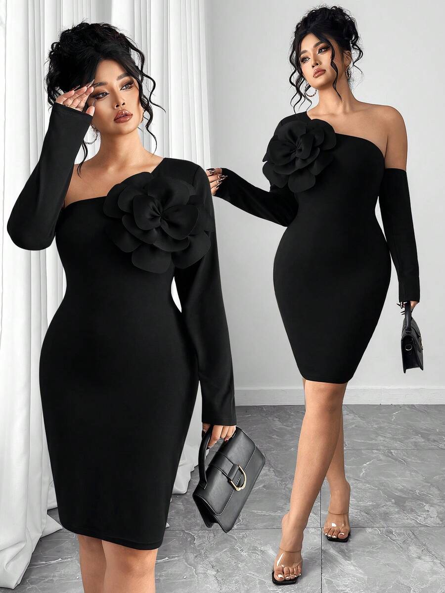 Elenzga 大码女式修身纯色碎花连衣裙 - 黑色 - 查看 1