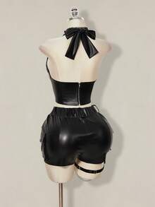 SHEIN ICON Y2k Women's Goth Black Concert Club Going Out Coachella PU Leather Halter Tie Backless Tassel Hollow Out Design Fashionable Versatile Top For Dates & Parties, Spring To Summer - Black - View 17