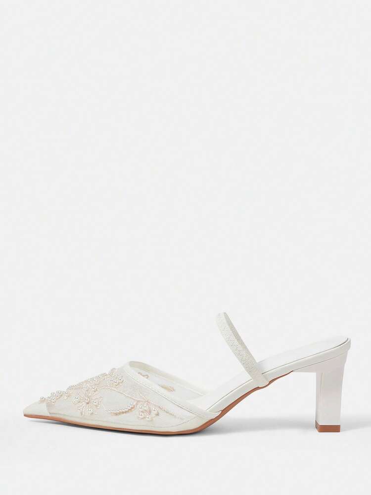 CUCCOO HITCHD Women Shoes Four Seasons New Embroidery Beaded Pointed Thick Heel High Heel Mesh Women's High Heel Shoes Instep With Dew Heel Shoes Elegant Temperament Fashion Wedding Valentine's Day Tea Elegant Wear