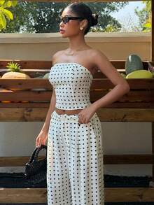 Muchica Women's New Polka Dot Bandeau Top & Long Skirt Set, Spring/Summer - Apricot - View 3