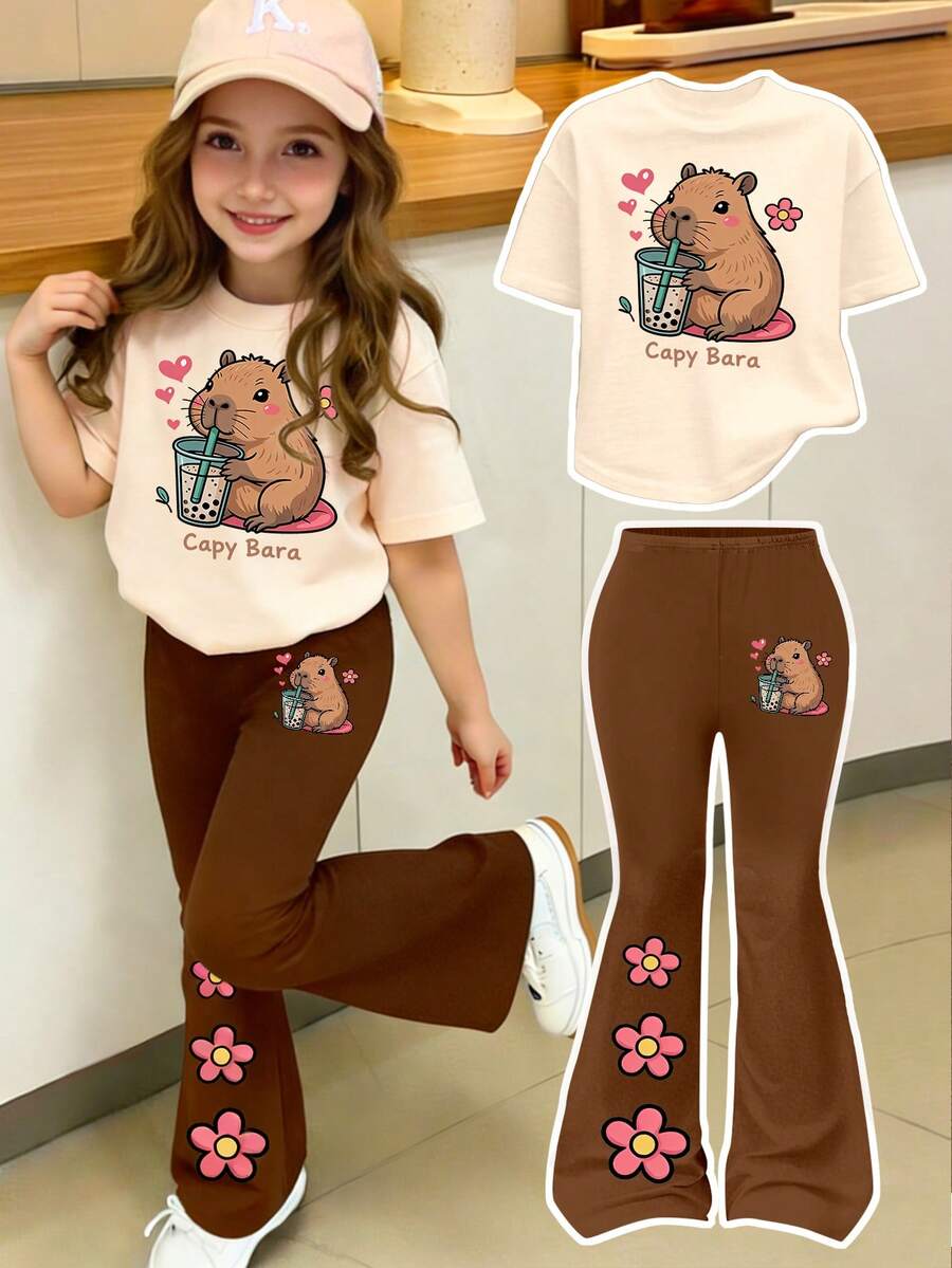 Spring And Summer Young Girl Casual Fashion Creative Personalized Fresh Minimalist Kapibaila Pearl Milk Tea Heart Flower Pattern Letter Slogan Print Casual Basic Short T-Shirt And Flared Pants Set, Comfortable Daily Wear, Cozy Summer And Fall Styles Suitable For Spring, Summer And Autumn - Multicolor - View 1
