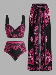 Swim Oasis 女士夏季沙滩度假印花比基尼套装，含系带罩衫和裙子，三件套 - 彩色 - 查看 1