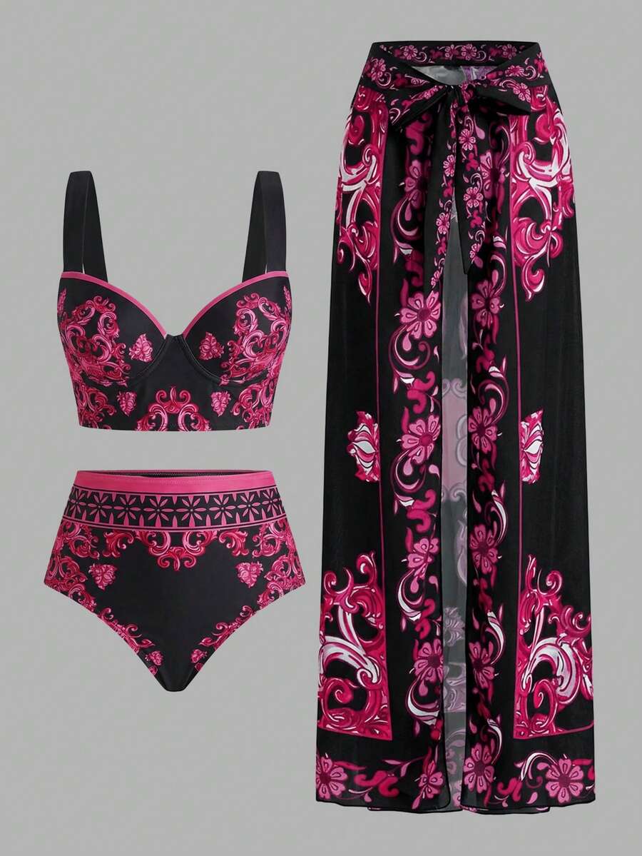 Swim Oasis 女士夏季沙滩度假印花比基尼套装，含系带罩衫和裙子，三件套 - 彩色 - 查看 1