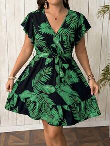 SHEIN Clasi Đầm cỡ lớn in họa tiết lá, cổ chữ V, kiểu quấn eo, thanh lịch. - Nhiều màu - Xem 4