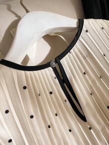 Genkimix Kids 2pcs Genkimix Tween Girl Polka Dot Print Layered Cap Sleeve Round Neck Fashionable Pleated Top And Casual Solid Elastic Waist Straight Leg Pants Set, Summer - Beige - View 4