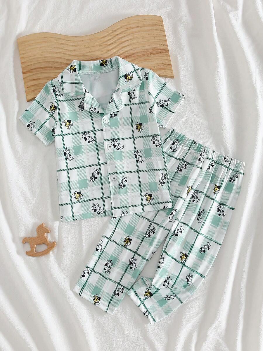 男婴卡通狗狗格子印花 Polo 领开衫和裤子两件套,休闲舒适家居服,春夏款 - 綠色 - 查看 1