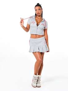 BABYPHAT Jersey Knit Pleated Mini Skirt With Logo Script Print Casual Everyday Streetwear Spring Summer Essential - Grey - View 4