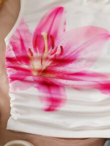 SHEIN Tween Girls' Casual Elegant Floral Print Asymmetrical Shoulder Ruched Cropped T-Shirt - White - View 3