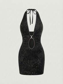 ROMWE J-Fashion 性感水钻露背系带迷你连衣裙，适合女士，情人节礼物 - 黑色 - 查看 6