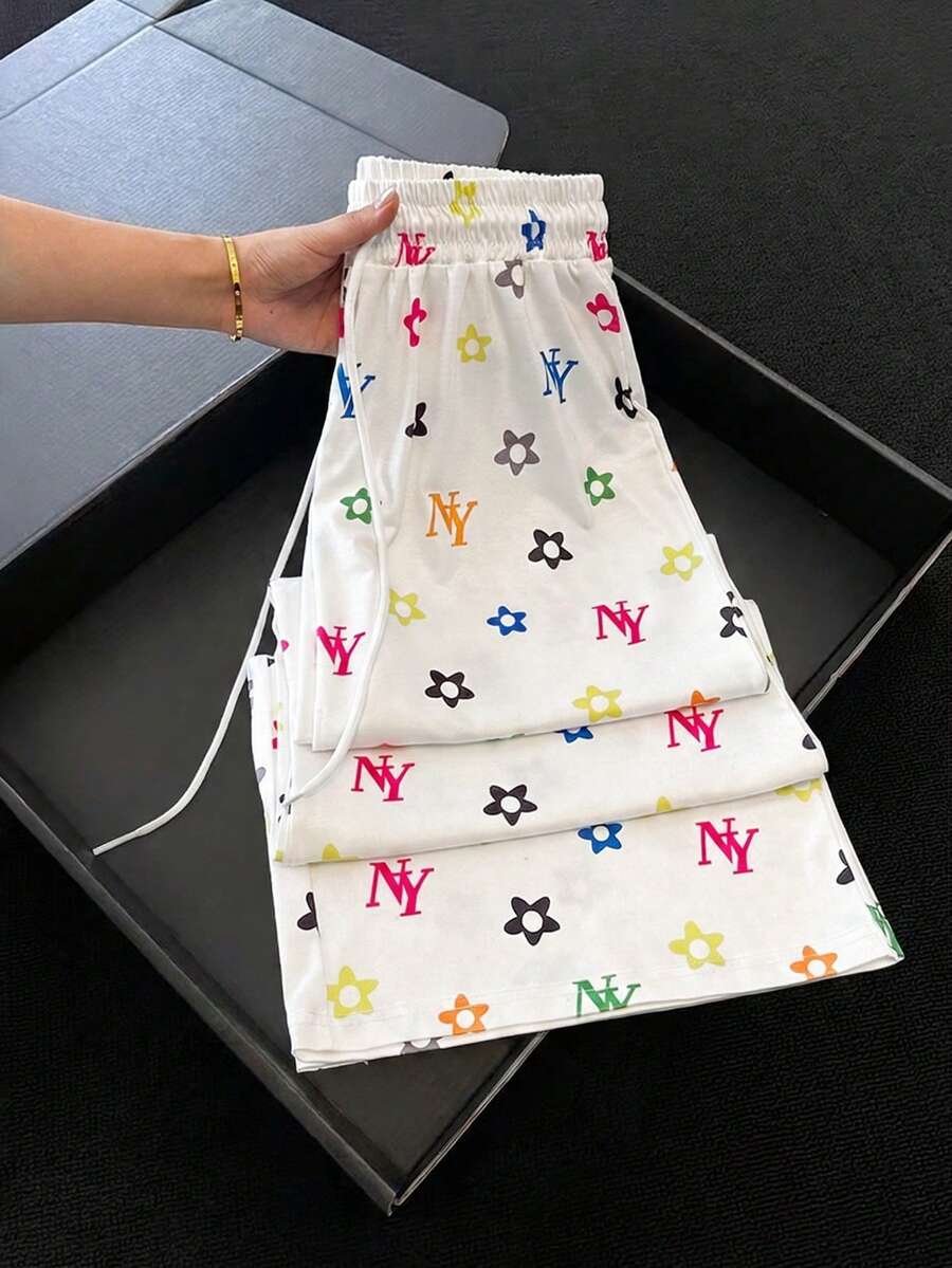 GlowEve Women's Casual Elegant Graphic Print High Waist Drawstring Loose Straight Leg Pants, Versatile For Daily Wear - White - View 1