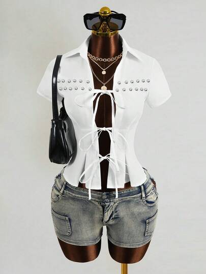 Mistrie Women's Solid Color Tie Front Sexy Blouse, Spring/Summer