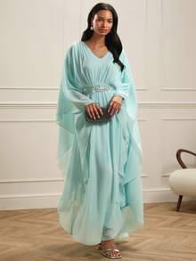 Lilora Women's Elegant Mint Green V-Neck Maxi Dress Long Batwing Sleeve Ruched Flared Hem Flowy Chiffon Gown - Mint Green - View 4