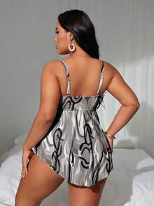 Swim Lushoire Plus Size Women Beach Holiday Spaghetti Strap Print Tankini Swimsuit Set With Swim Shorts - Black and White - View 2