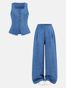 SHEIN 2pcs/Set Tween Girls Denim Shirt Vest + Loose Pants Casual Outfit, Fashionable, Versatile, Suitable For Party, Outing, Photoshoot With Sisters, Park, Camping, Vacation, Daily Casual Wear - Blue - View 10