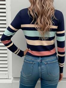 EMERY ROSE Women's Long Sleeve T-Shirt, Mature Striped Pattern Print Top, Classic Design, Versatile, Suitable For Daily Wear And Outdoor, Autumn - Multicolor - View 2