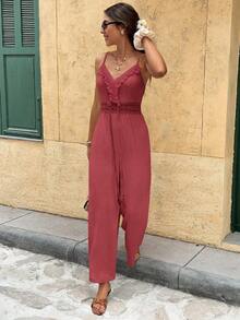 Serisse Women's Solid Color Backless Ruffle Trim Casual Jumpsuit - Redwood - View 3