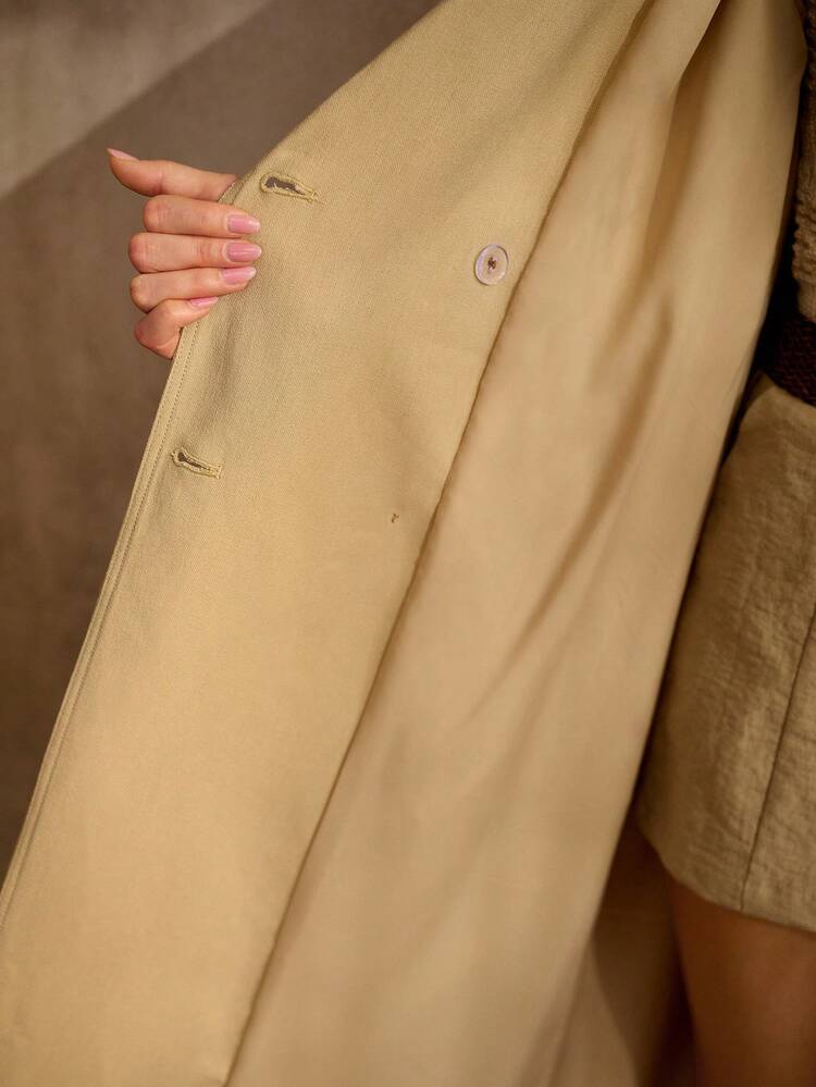 SPRING FASHIONABLE LIGHT WEIGHT SOFT TEXTURE FABRIC BELTED TRENCH COAT, OLD MONEY VINTAGE STYLE