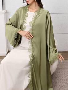 Al Najma Elegant Embroidered Floral Trim Abaya Robe - Green - View 7