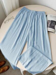 Comfortcana 浅蓝色梭织女式刺绣打结阔腿裤，百搭 - 淺藍色 - 查看 2