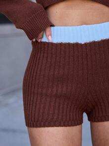 Hauture New Women's Patchwork Colorblock Design Knitted Cropped Top - Brown - View 6
