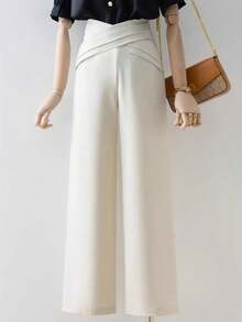 Elenzga New Elegant Casual Straight Leg High Waist Overlap Waistband Women Suit Pants, Spring/Summer - Apricot - View 2