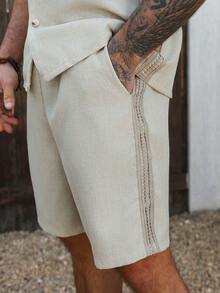 VENTUSAIL Men's Beige Summer Casual Beach Holiday Colorful Webbing Front Button Short Sleeve Shirt And Slant Pocket Shorts Set Resort Outfit Vacation 2pcs Set - Khaki - View 4