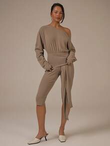 MUSERA Soft Cinched Waist Off Shoulder Long Sleeve Top Spring Summer Cute Cosy Cottage Core Spring Dew - Camel - View 5