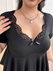 CovetEZ Plus Size Summer Sweet Elegant Lace Patchwork A-Line Elastic Black T-Shirt Night Out - Black - View 5