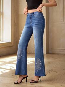 Selenza Women's Casual Fashion Daily Commute Rhinestone Embellished Flare Jeans - Medium Wash - View 4