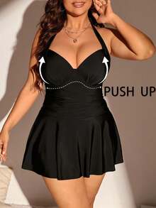 Swim Lushoire Plus Size Women's Solid Color Simple Daily Halter Neck Swimsuit Dress Summer - Black - View 3