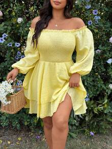 Sunnyshic Gaun Liburan Ukuran Besar Model Bahu Terbuka dengan Pinggang Terikat dan Hiasan Rumbai di Bagian Bawah - Kuning - View 4