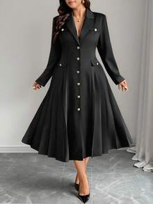 Elenzga Plus Size Women's French Romantic Elegant V-Neck Pleated Long Sleeve Metal Button Faux Pocket Decor Maxi Dress Button Dress Black Classy Dress French Style Dress Long Sleeve Elegant Dress Elegant Midi Dress - Black - View 1