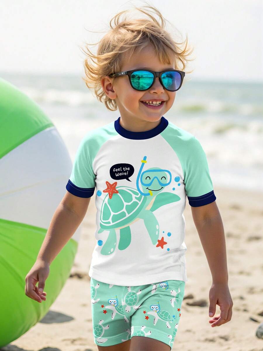 SHEIN Young Boy White Summer Beach Holiday Swimwear Set,Casual Loose Fit Round Neck Short Sleeve T-Shirt And Shorts,Classic Cute Diving Cartoon Turtle Print - Multicolor - View 1