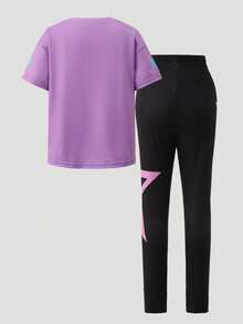 SHEIN 2pcs/Set Young Girl Purple K-Pop Cartoon Pattern Knit Soft Round Neck Short Sleeve T-Shirt And Elastic Waist Pants,Summer School Casual Outings Wear - Multicolor - View 6