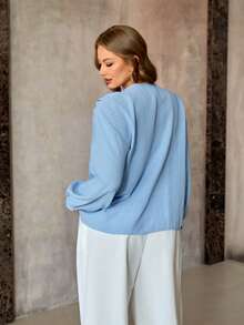 Roveilla 大码休闲荷叶边领系带前襟纽扣长袖宽松衬衫 - 藍色 - 查看 2