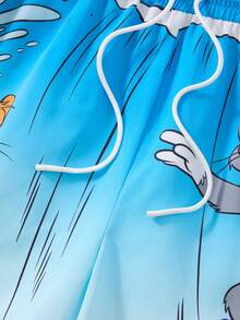 TOM & JERRY X SHEIN Men's Summer Gradient Cartoon Pattern Drawstring Waist Beach Shorts - Blue - View 5