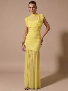 SHEIN BAE 黑色披肩式优雅薄纱褶皱连衣裙，适合浪漫约会、派对、正式聚会、伴娘礼服、女士夏季连衣裙、下午茶会连衣裙、新年、情人节、生日迷你连衣裙、黑色连衣裙 - 黃色 - 查看 5