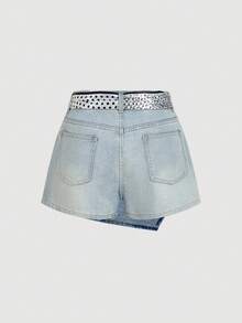 SHEIN MOD 女士系带不对称下摆休闲牛仔短裤，带侧袋 - 藍色 - 查看 2