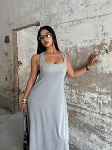 Flirla Plus Size Casual Loose Racerback Dress - Grey - View 6
