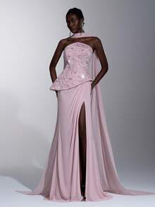 Elitara Sang trọng, đơn giản, duyên dáng và thời trang, chiếc đầm chiffon màu hồng đính sequin và thêu này được trang trí bằng ngọc trai thủ công, phần thân áo cúp ngực hình bán nguyệt, thiết kế 2 trong 1, sequin lấp lánh và đuôi váy kiểu nàng tiên cá. Phù hợp cho mọi dịp trang trọng, dự tiệc cưới, lễ hội cưới, tiệc cưới, chụp ảnh và dạ hội. - Hồng - Xem 7
