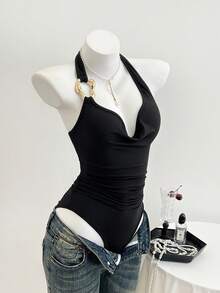 Elamini 女士性感休闲简约金属扣装饰垂褶领口褶皱连体衣 - 黑色 - 查看 4