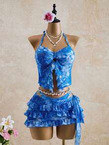 Bellisia Women's Summer Vacation Beach Tie-Dye Ruffle Halter Bikini Set With Cover-Up And Skirt - Multicolor - View 1