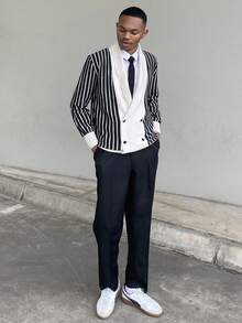 Ngobest Haus Ngobest Haus Men Striped Pattern Shawl Collar Double Breasted Cardigan, For Fall Winter - Black - View 1