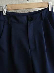 Franclia Petite Women's Solid Color Slant Pocket Casual Straight Leg Pants - Navy Blue - View 3
