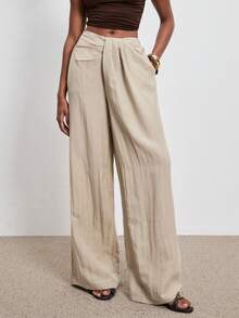 ATUI Studio Quần ống rộng dáng suông, xếp ly, có túi, màu trơn dành cho nữ, kiểu dáng thường ngày. - xanh quân đội - Xem 4