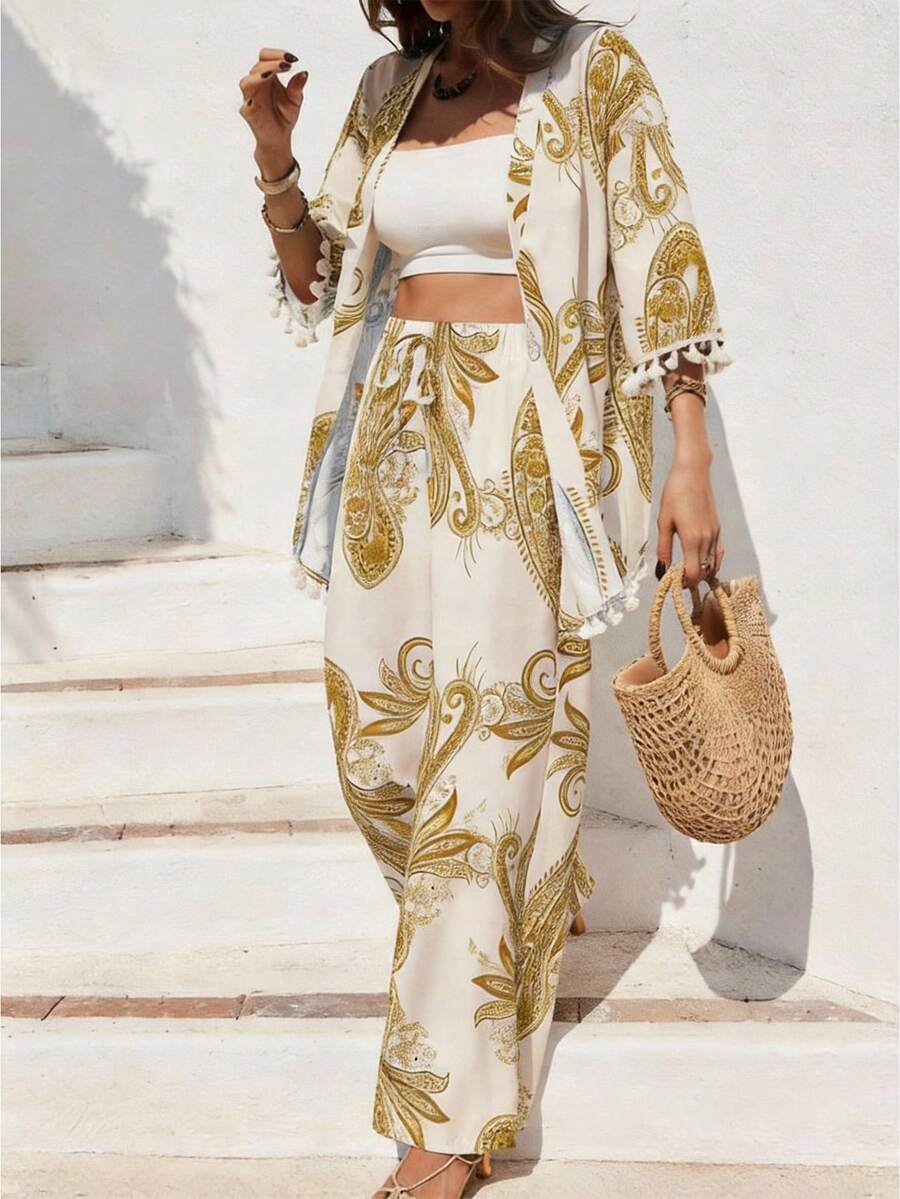 Breezaya 女士佩斯利印花衬衫和裤子两件套，夏季度假 - 金色 - 查看 1