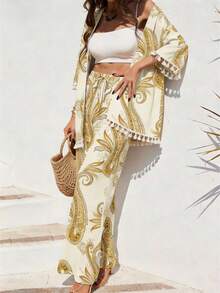 Breezaya 女士佩斯利印花衬衫和裤子两件套，夏季度假 - 金色 - 查看 4