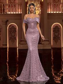 Glamrae 优雅奢华的珍珠串珠亮片刺绣露肩鱼尾礼服，适合婚礼、派对、度假、晚宴、正式场合（装饰繁复） - 藕粉色 - 查看 8